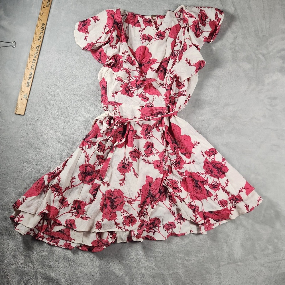 Free People XS Pink Floral Wrap Dress Ruffle Mini Cottagecore Bohemian Coquette